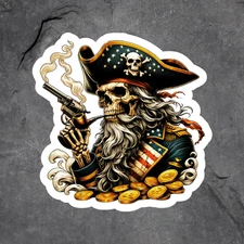 Pirate Skull sticker vinyl decal smoking gun gold coins skeleton art