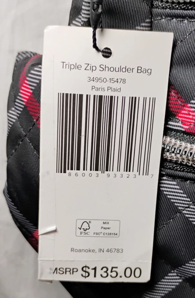NOVA Bolsa de Ombro Vera Bradley com Zíper Triplo – Xadrez Paris – Acolchoada Transversal - Imagem 3 de 4