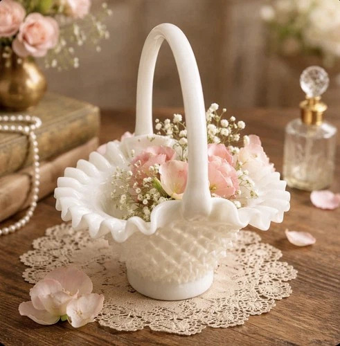 Vintage Westmoreland Hobnail White Milk Glass Basket with Ruffled Edge 8” Tall