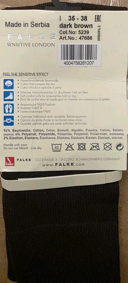 Calcetines Falke Sensitive London nuevos con etiquetas, marrón oscuro, EE. UU. 5-7,5 Foto 2 de 2