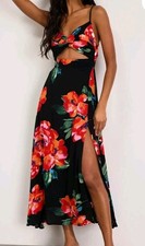 Lulu's Floral Cut Out Dress Tie Back Boho Chic Coastal Beach Cruise Wedding  Med