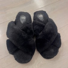 BP Black Faux Fur Crisscross Slide Slippers Womens Cozy House Shoes