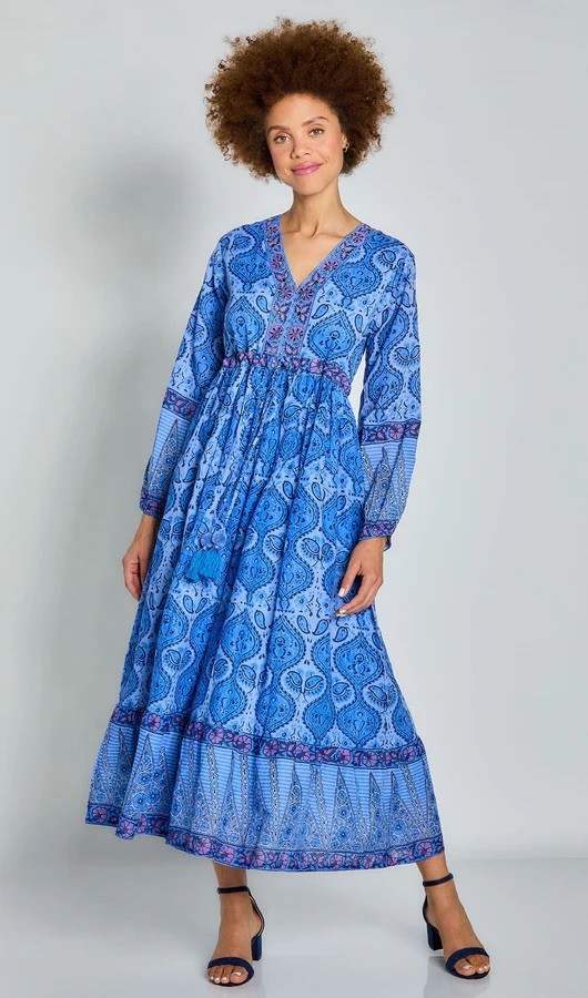 Bella Tu Long Sleeve Blue Paisley Maxi Dress Small
