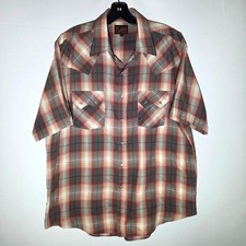 Plains Western Wear Mens Large Red Grey Plaid Short Sleeve Pearl Snap Front