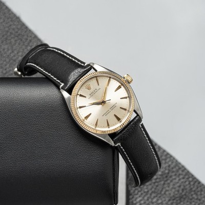 Rolex Oyster Perpetual 1005 34mm Silver Dial Yellow Gold Steel Leather Strap