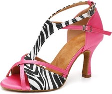 Women's Latin Ballroom Dance Shoes T-Strap Salsa Heel 3 1/3 7.5, Pink