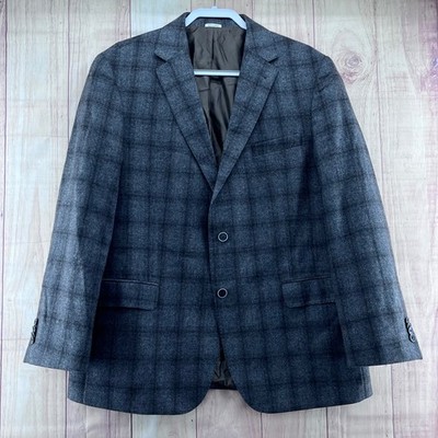 Joseph Abboud Sport Coat 46R Charcoal Grey Wool Cashmere E. Thomas Plaid Blazer