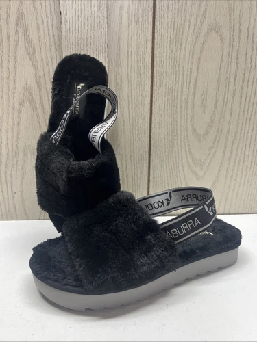Kooluburra UGG sandalo donna nero pelliccia sintetica fuzzy plateau cinturino taglia 7
