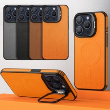 For iPhone 15 Pro Max 13 14 Magnetic Leather MagSafe Cover Metal Lens Stand Case