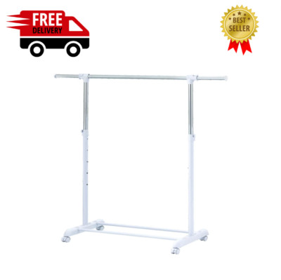 Heavy Clothes Hanger Adjustable Height  Rolling Garment Rack Metal Chrome White