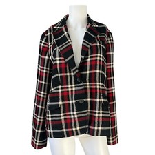 Talbots Plaid Blazer Wool Blend Red Black Classic Career Size 14
