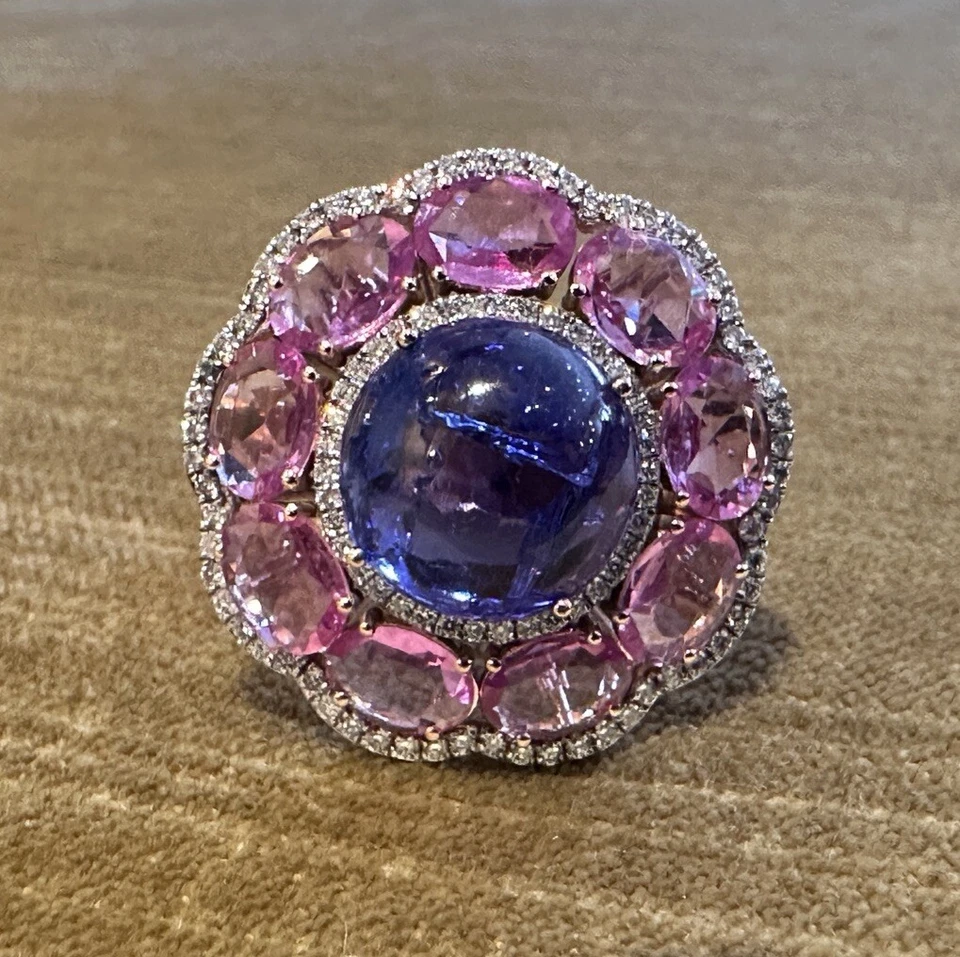 Anillo de cóctel de tanzanita, zafiro rosa y diamantes en oro rosa de 14 k - HM2583AB