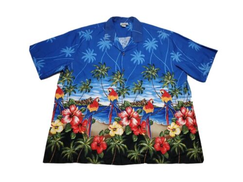 Vintage CT Hawaii Blue Parrots Palms Red Hibiscus Hawaiian Shirt Men's Size 3XL - Picture 1 of 13
