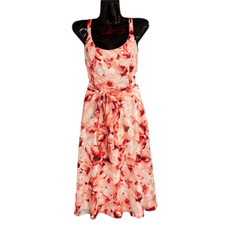 Luxe Carmen Mark Valvo  A line Burn Out Sleeveless Floral Print Dress Pockets Sz