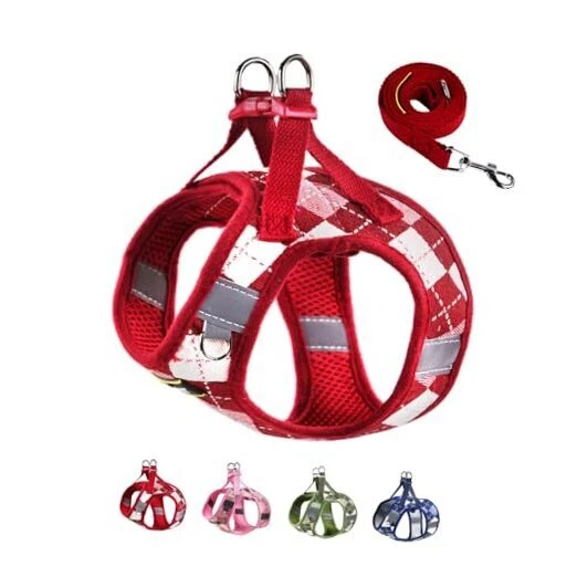 Dog Harness & Leashet Adjustable formall Medium Puppies, No S Checkered-Red