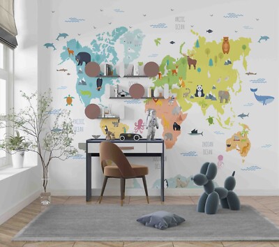 3D Color World Map Animal Kids Wall Murals Wallpaper Murals Wall Sticker