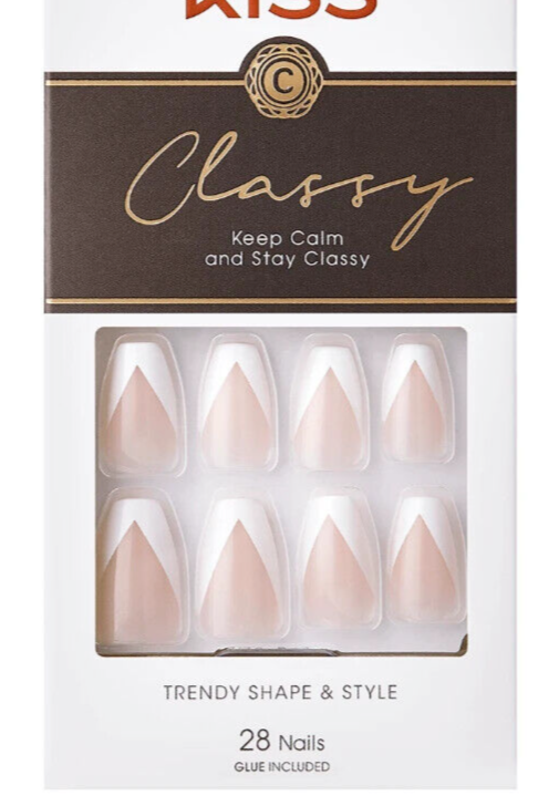 KISS CLASSY FALSE NAILS Glue On Nails with GLUE MEDIUM LENGTH FRENCH SILK DRESS