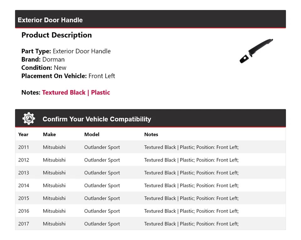 Manija de puerta exterior delantera izquierda para Mitsubishi Outlander Sport Dorman 2011-2017 Foto 2 de 4