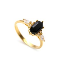 Natural Black Onyx Hexagon Shape Ring 925 Sterling Silver Gold Fill Boho Jewelry