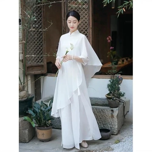 Chinese Style Chiffon Zen Dance Clothes Retro Style Hanfu Ruffles Women's Dress - Picture 1 of 19