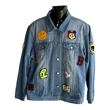 Bee & Ceci Denim Jacket Women Sz L Light Blue Premium With Patches