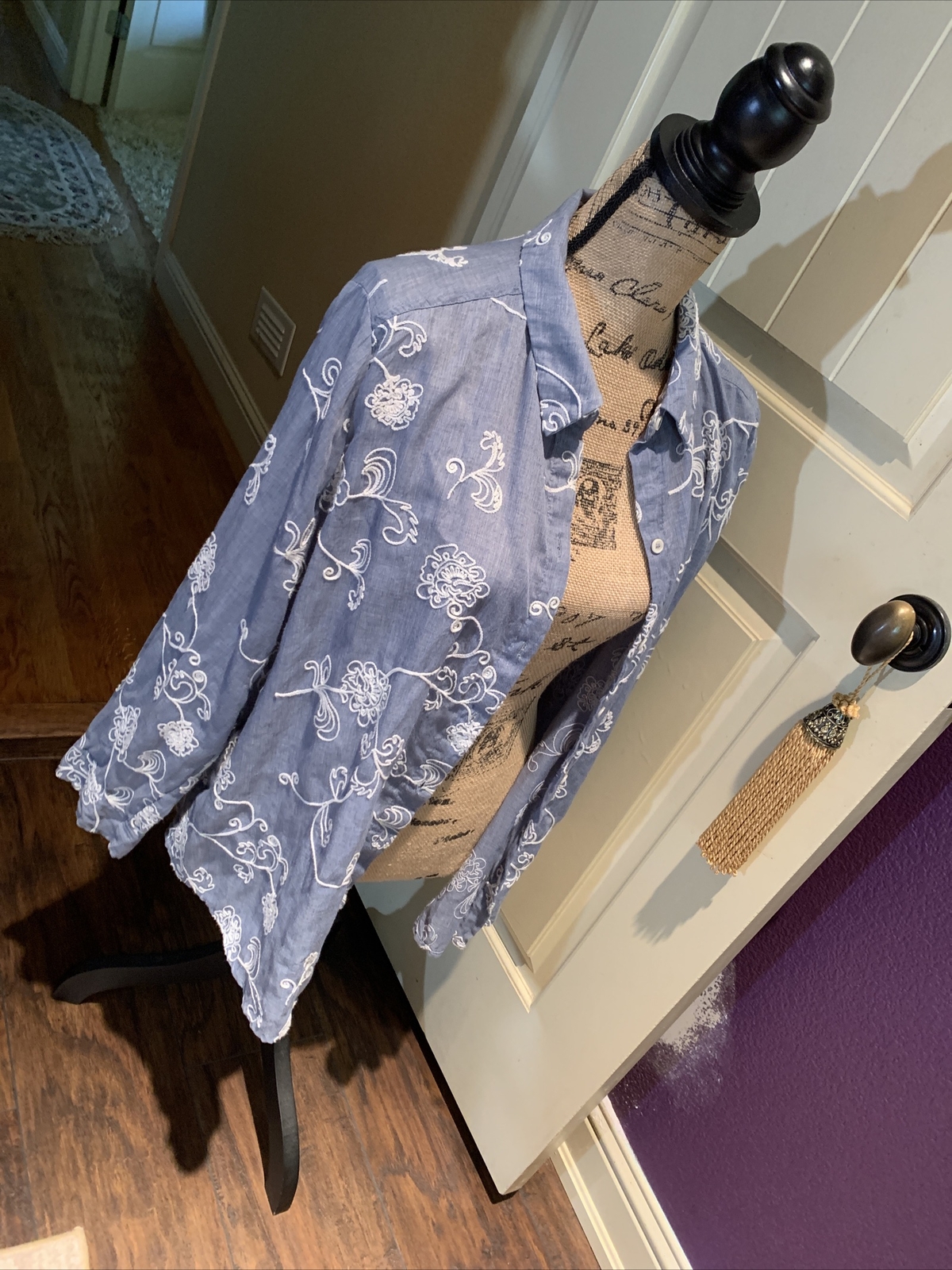 CHICO'S 2 Slate Blue Cotton Embroidery Blouse Soutache Ribbon ...