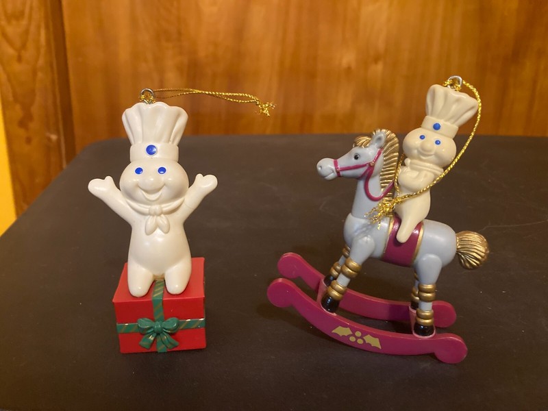 2 Lot Pillsbury Doughboy Ornament Present & Rocking Horse Christmas Vintage 1999