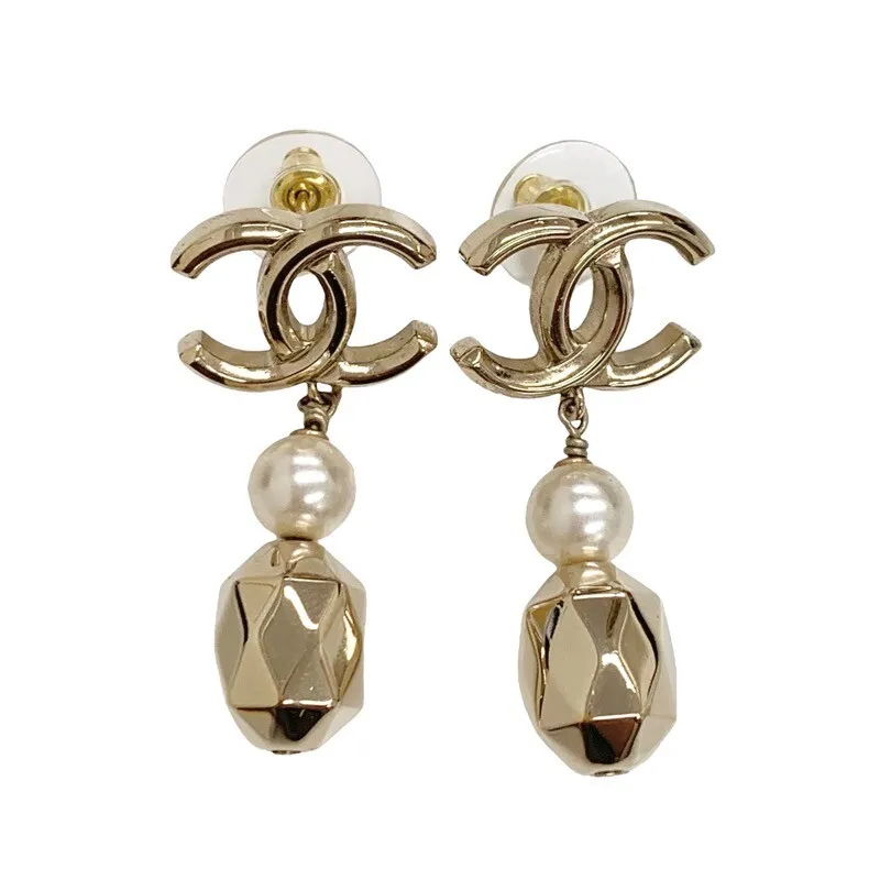 CHANEL Earrings CC Fake Pearl COCO Swing B18V Gold GP authentic