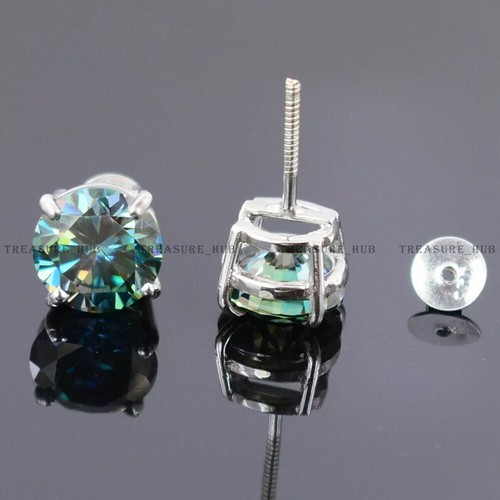 Aretes con tachuelas de diamantes azules de corte redondo certificados de 7,00 quilates en oro blanco de 14 k - Imagen 3 de 4