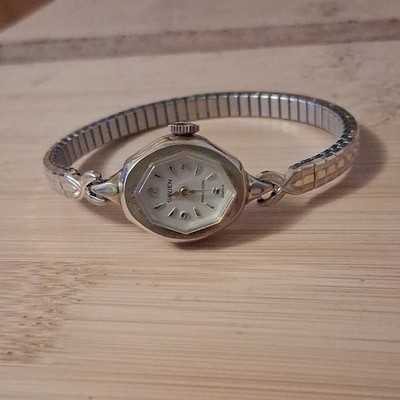 Gruen Precision Women's Hexagon Analog Wristwatch Silver Band Gold Case White D 