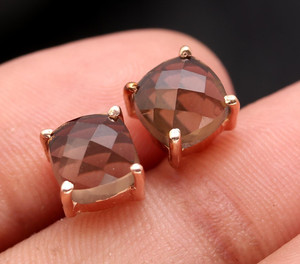 Authentic Natural Smoky Quartz Cushion Stud Earrings Rose Gold Fill Solid Silver Jewelry