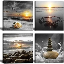 Beach Wall Art Canvas Zen Prints Art Black and White Wall Decor Gold Sea Suns...