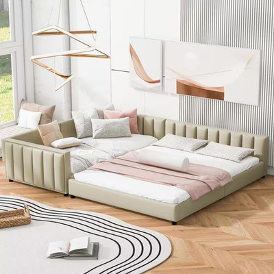 Beige Wood Frame Queen Size Twin XL Size Upholstered Platform Bed Mother Child B