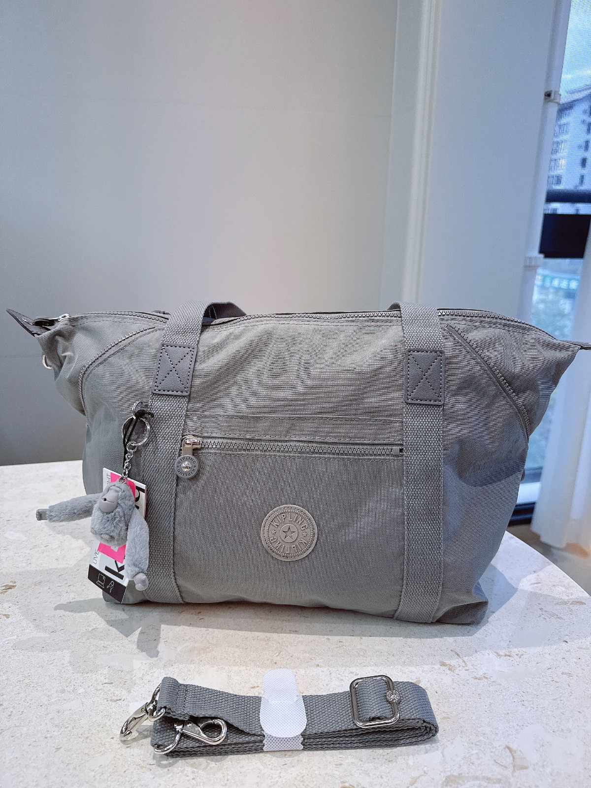 NWT Kipling Art S Tote Bag in Gray Medium Size light weight duffel
