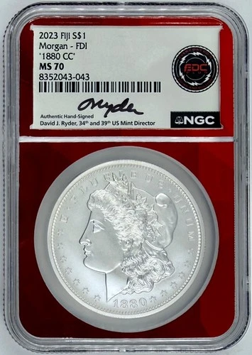 2023 Fiji 1 oz Silver Morgan 1880 CC Dollar $1 NGC MS 70 FDI David Ryder Signed