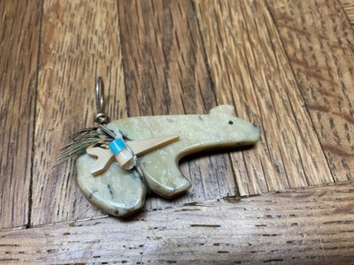Vintage Zuni Fetish Bear Pendant Stone Turquoise Bundle Arrow Feather