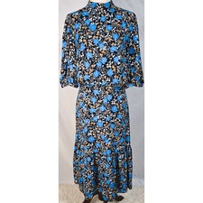 Ann Taylor Puff Sleeve Midi Sheath Dress 4 Navy Blue Floral Classic Formal