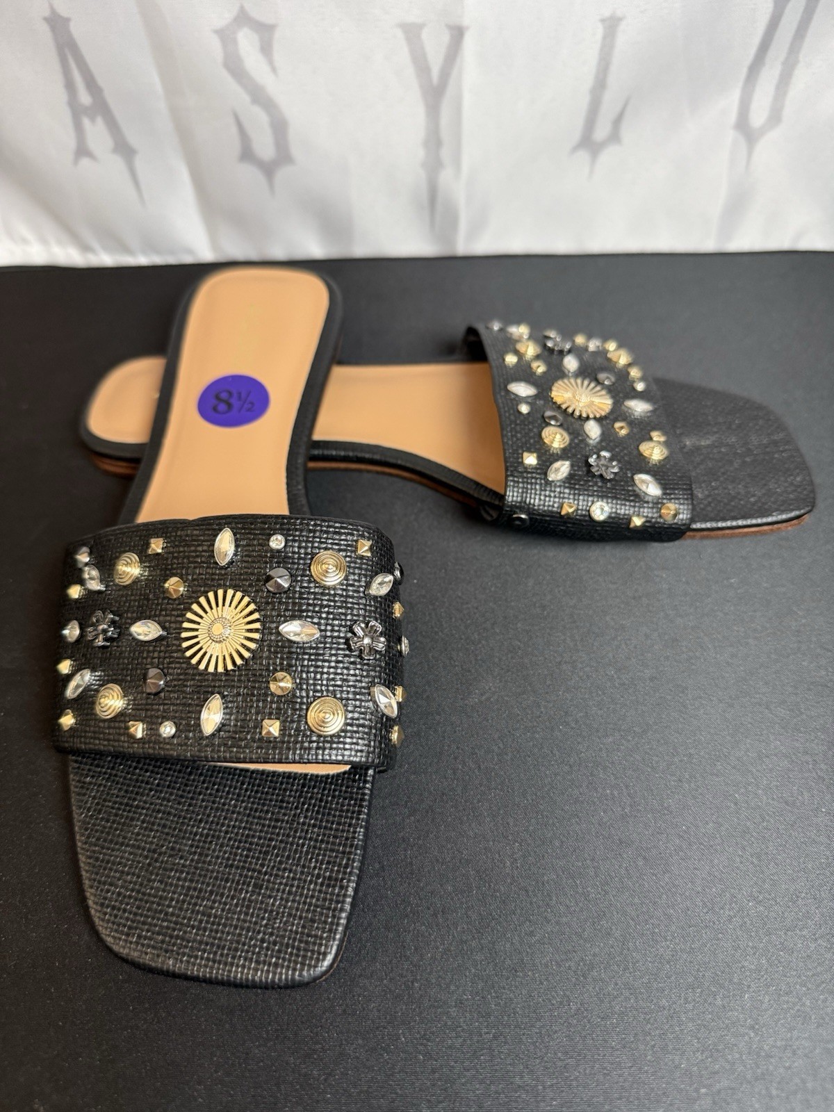 ALDO Women’s Embellished Slide Sandals Black Studded Flats Size 8.5