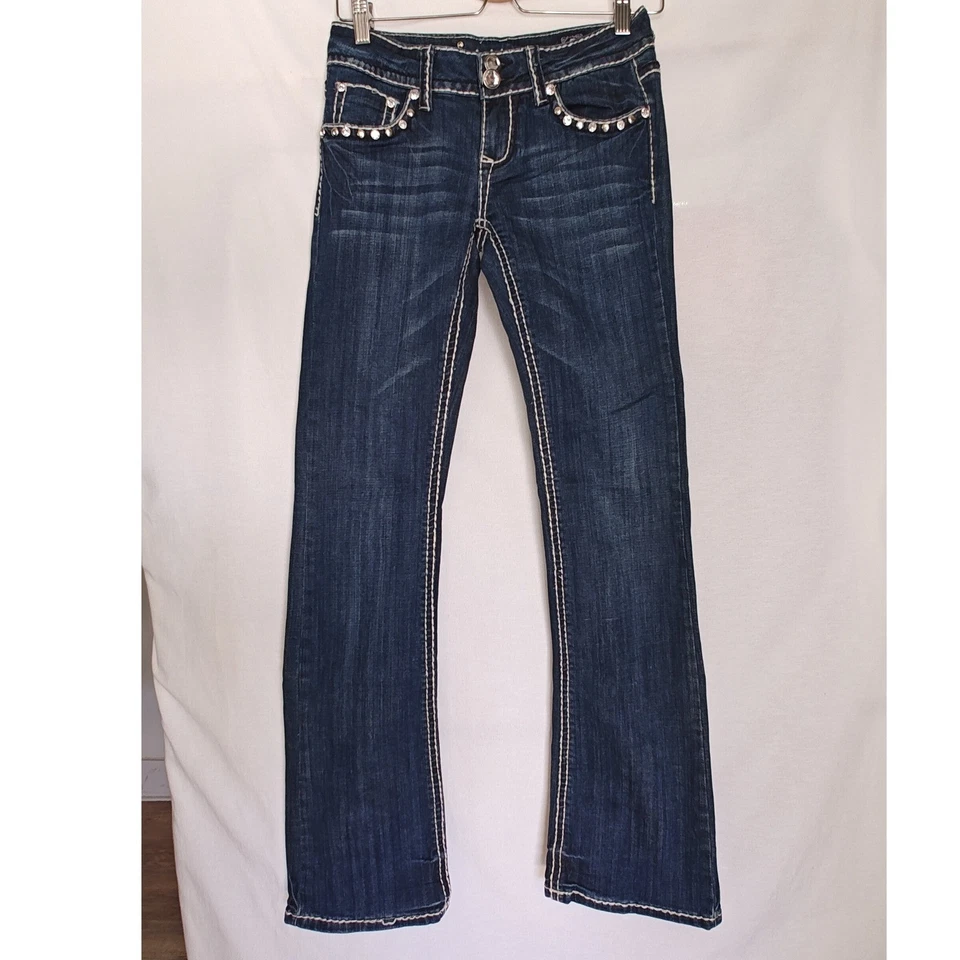 L.A Idol USA Embellished Jeans Boot cut Thick Stitch Size 5 Dark Wash Rhinestone - Image 2 of 4