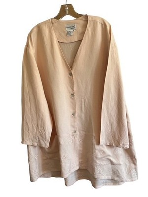 VTG Newport News Linen Tunic Jacket 1X 18 Blush Pink Boho Embroidered 3/4 Sleeve