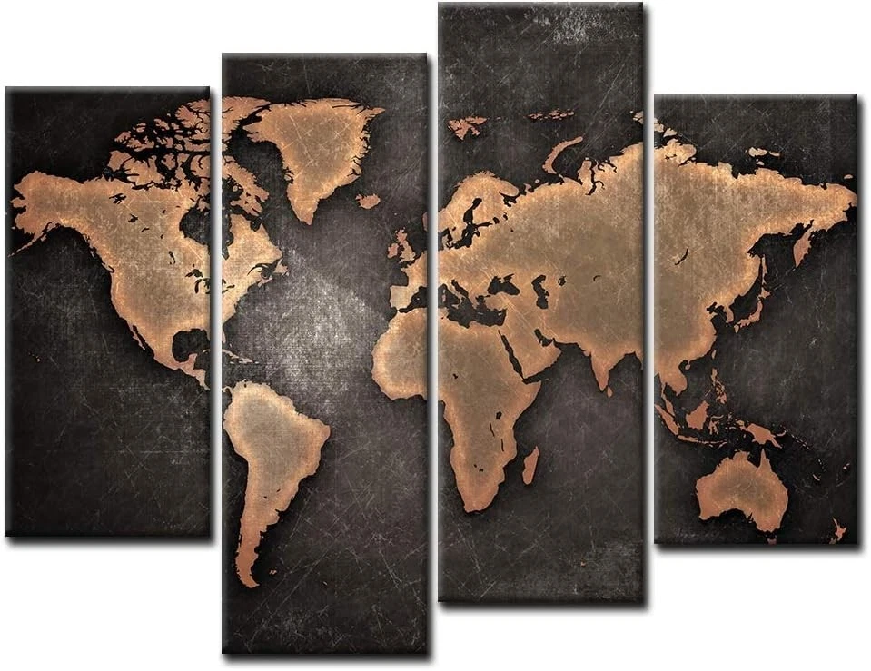 Elegant Black World Map Wall Art on Canvas - 26x12 & 35x12 Panels, Ready to Hang - Image 3 of 4