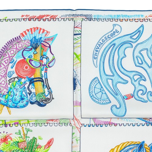 Auth. Hermes Silk Scarf Chevaloscope - Blanc Bleu Multicolore - New Store Tag - Picture 4 of 9