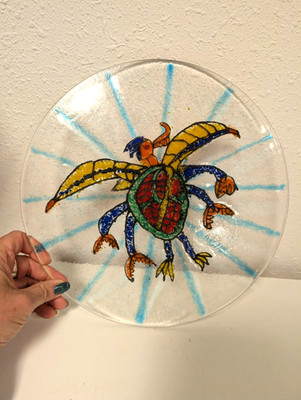 Fused Glass Round Colorful Plate Crab Crustacean Ocean Art Studio Coastal Weird