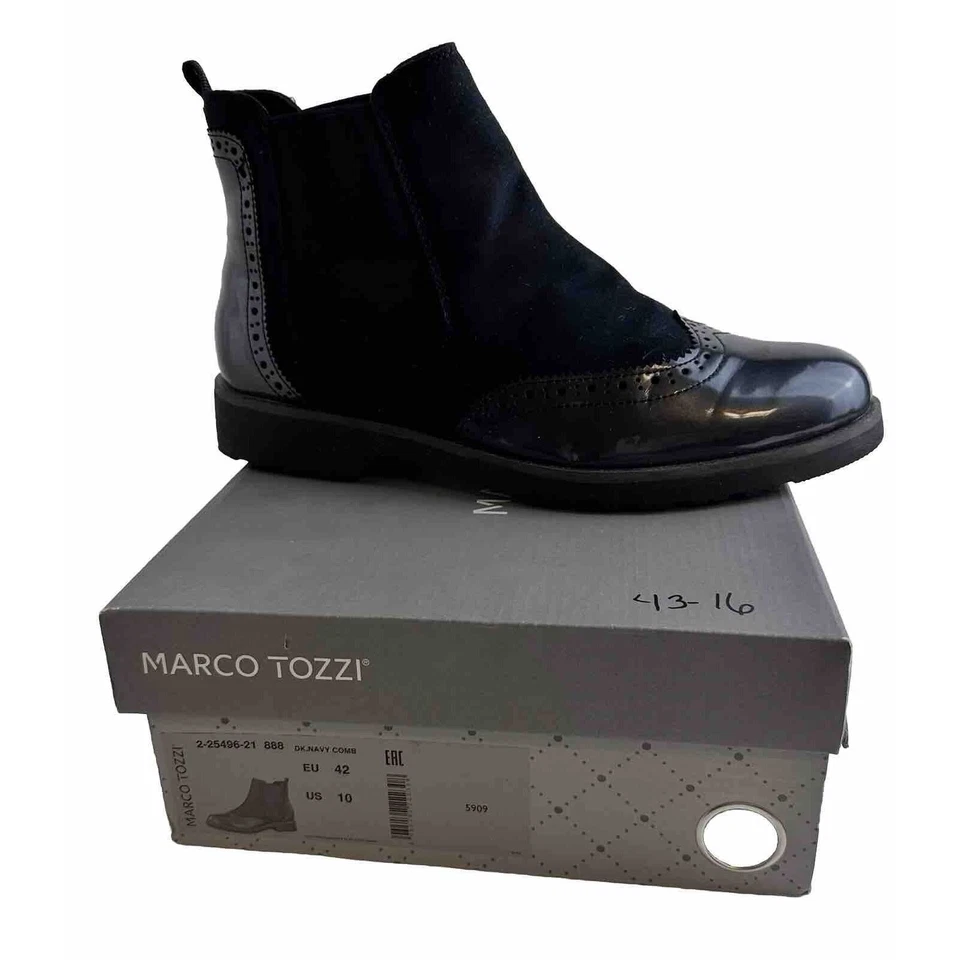 Botines Chelsea Marco Tozzi punta de ala negra charol, EU 42 US 10 43-16 Foto 2 de 4