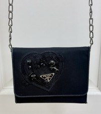 PRADA Vintage Y2K Rare Black Nylon Crystal Heart Beaded Wallet W/ Added Chain