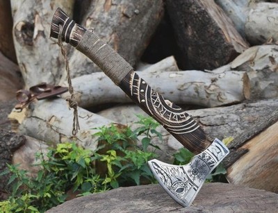 Hand Forged Viking Axe High Carbon Steel Norse Engraved Hatchet 18 Inch