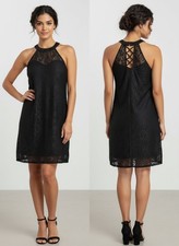 Candie's Juniors Lined Black Floral Lace Halter Dress With Back Straps Sz L