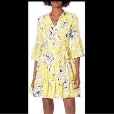 NWT Eliza J Faux Wrap Chiffon Mini Flounce Dress in Yellow Floral - Size 8