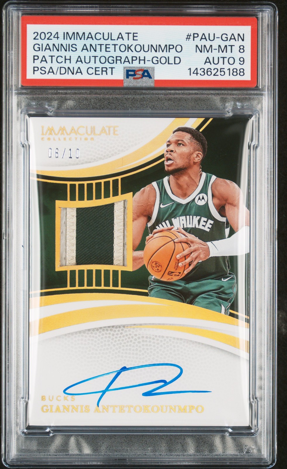 2024 PANINI IMMACULATE COLLECTION PATCH GIANNIS ANTETOKOUNMPO 6/10 PSA 8 AUTO 9
