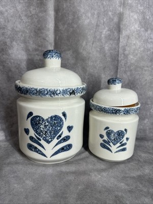 1990s Ceramic Blue Heart Jars Kitchen Gibson 9'' 7.5''